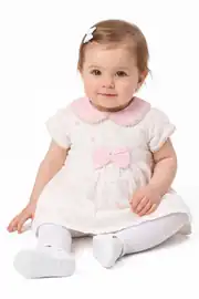 Kız Bebek Ekru Pembe Fistolu Bebe Yaka Puanlı Elbise 1