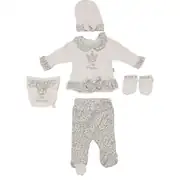 Kız Bebek Ekru Fitilli Leopar Desenli 5'li Hastane Çıkış Seti 1
