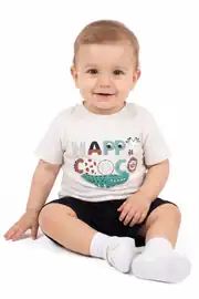 Erkek Bebek Ekru Siyah Happy Timsahlı Şortlu 2'li Takım 1