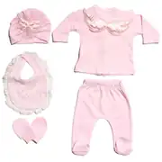 Kız Bebek Pembe Melek Kanatlı Dantelli 5 Parça Hastane Çıkış Seti 2