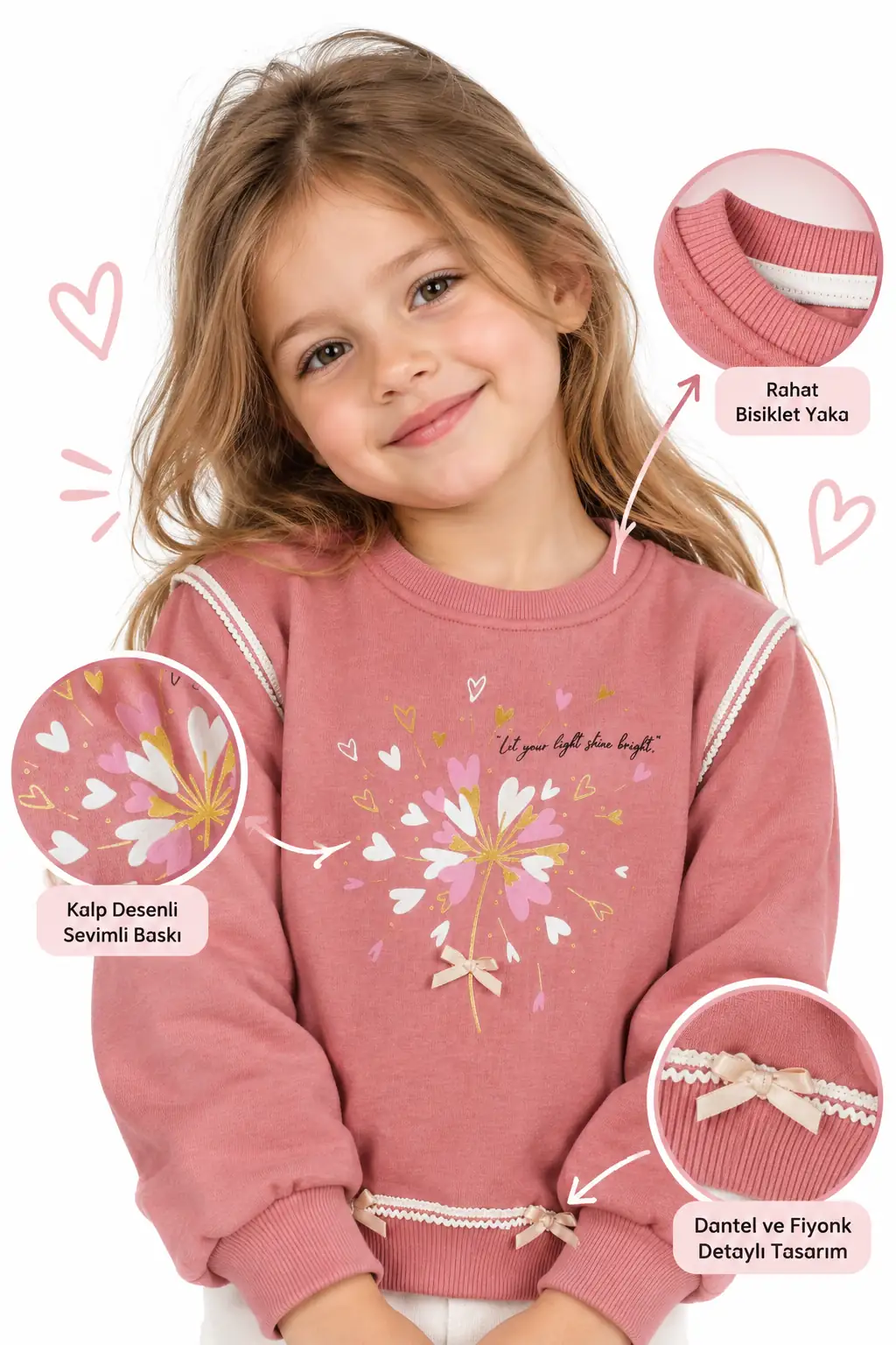 Kız Çocuk Pembe Kalp Baskılı Sweat