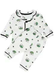 Unisex Ekru Yeşil Kurbağa Desenli Kruvaze Yaka Pijama Takımı 2
