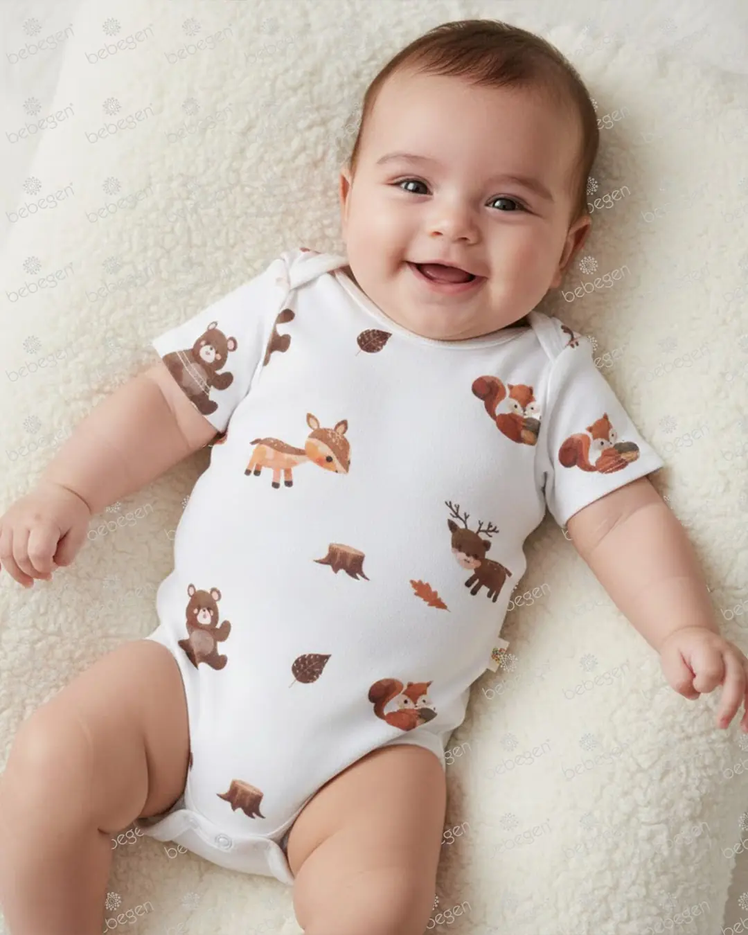 Unisex Ekru Kahve Ceylanlı Desenli Kısa Kol Body Zıbın 1