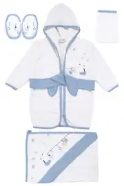 Erkek Bebek Beyaz Mavi Tavşan Desenli Havlu Bornoz Set 2