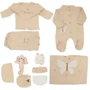 Kız Bebek Bej Kelebek Desenli Tavşan Hediyeli Organik 10 Parça Hastane Çıkış Seti 1