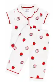 Kız Bebek Beyaz Kırmızı Çilek Baskılı Müslin Pijama Takımı 2