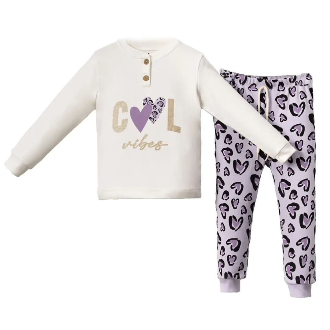 Kız Çocuk Ekru Mor Cool Kalp Baskılı 2'li Pijama Takımı 1