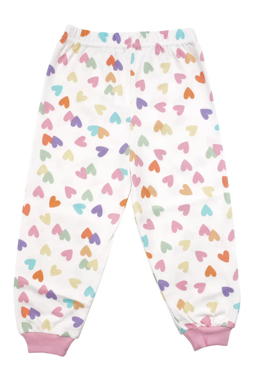 Kız Çocuk Ekru Pembe Renkli Kalpli Desenli Çıtçıtlı Pijama Takımı 5