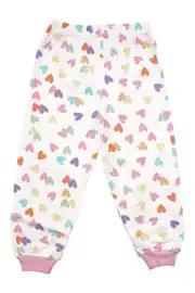 Kız Çocuk Ekru Pembe Renkli Kalpli Desenli Çıtçıtlı Pijama Takımı 5