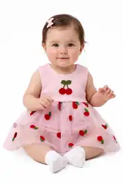 Kız Bebek Pembe Kırmızı Kiraz Nakışlı Tüllü Zıbınlı Elbise 1