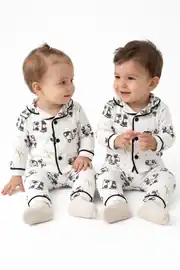Unisex Ekru Siyah Panda Desenli Kruvaze Yaka Pijama Takımı 1
