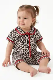 Kız Bebek Kahve Kırmızı Biyeli Leopar Desenli Şortlu Pijama Takım 1