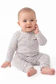 Erkek Bebek Beyaz Kahve Çizgili Milk Club Armalı Çıtçıtlı Tulum 0-3 Ay 1