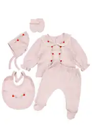 Kız Bebek Pudra Fisto Kırmızı Gül Nakışlı Yakalı 5 Parça Hastane Çıkış Seti 1