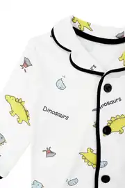 Unisex Ekru Renkli Dinazor Desenli Kruvaze Yaka Pijama Takımı 4