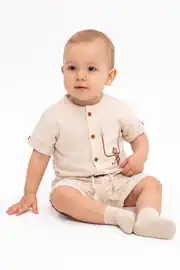 Erkek Bebek Ekru Maymun Nakışlı Çizgili Şortlu 2'li Müslin Takım 1