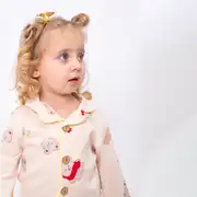 Unisex Somon Sarı Biyeli Kırmızı Ayıcık Desenli Kruvaze Yaka Pijama Takımı 2