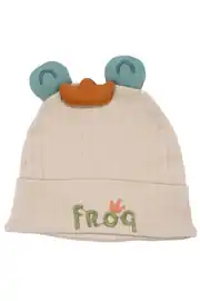Erkek Bebek Bej Yeşil Froq Nakışlı Kulaklı Bere 0-12 Ay 1