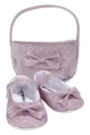 Kız Bebek Pembe Simli Kurdaleli Çantalı Babet Ayakkabı Set 1