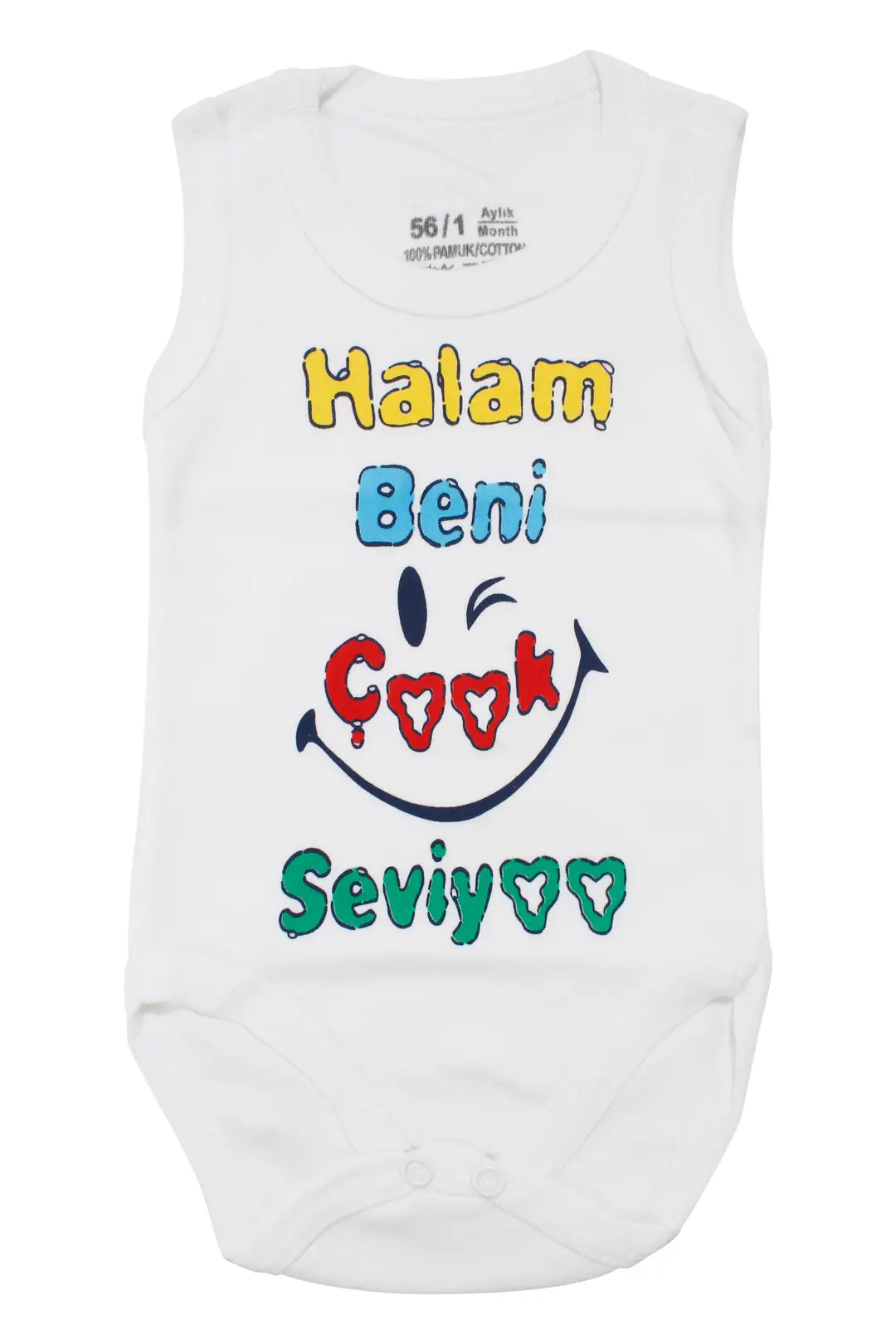 Unisex Beyaz Halam Beni Çok Seviyor Yazılı Askılı Zıbın