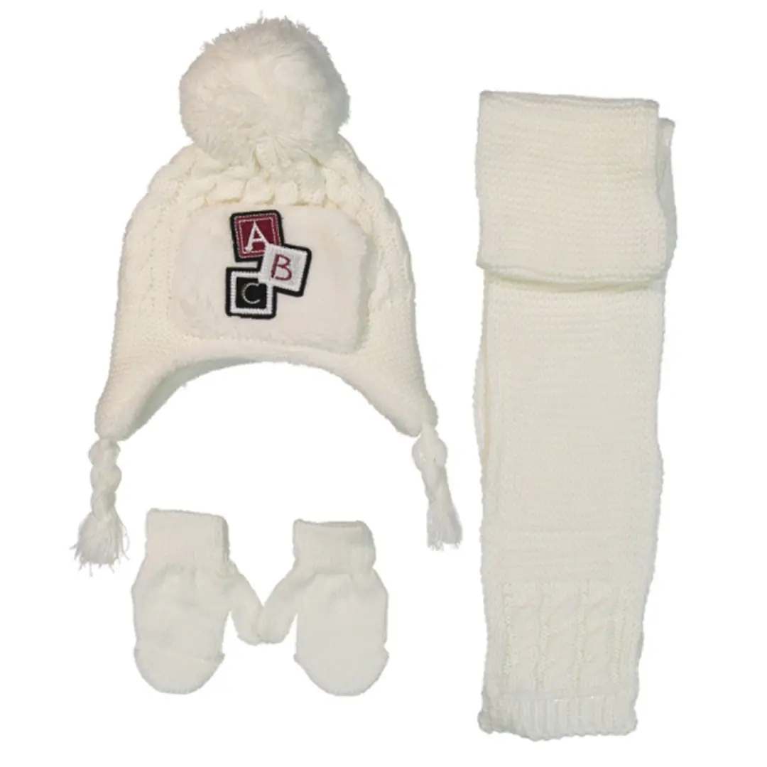 ABC Nakışlı Krem Atkı Bere Eldiven Set 1