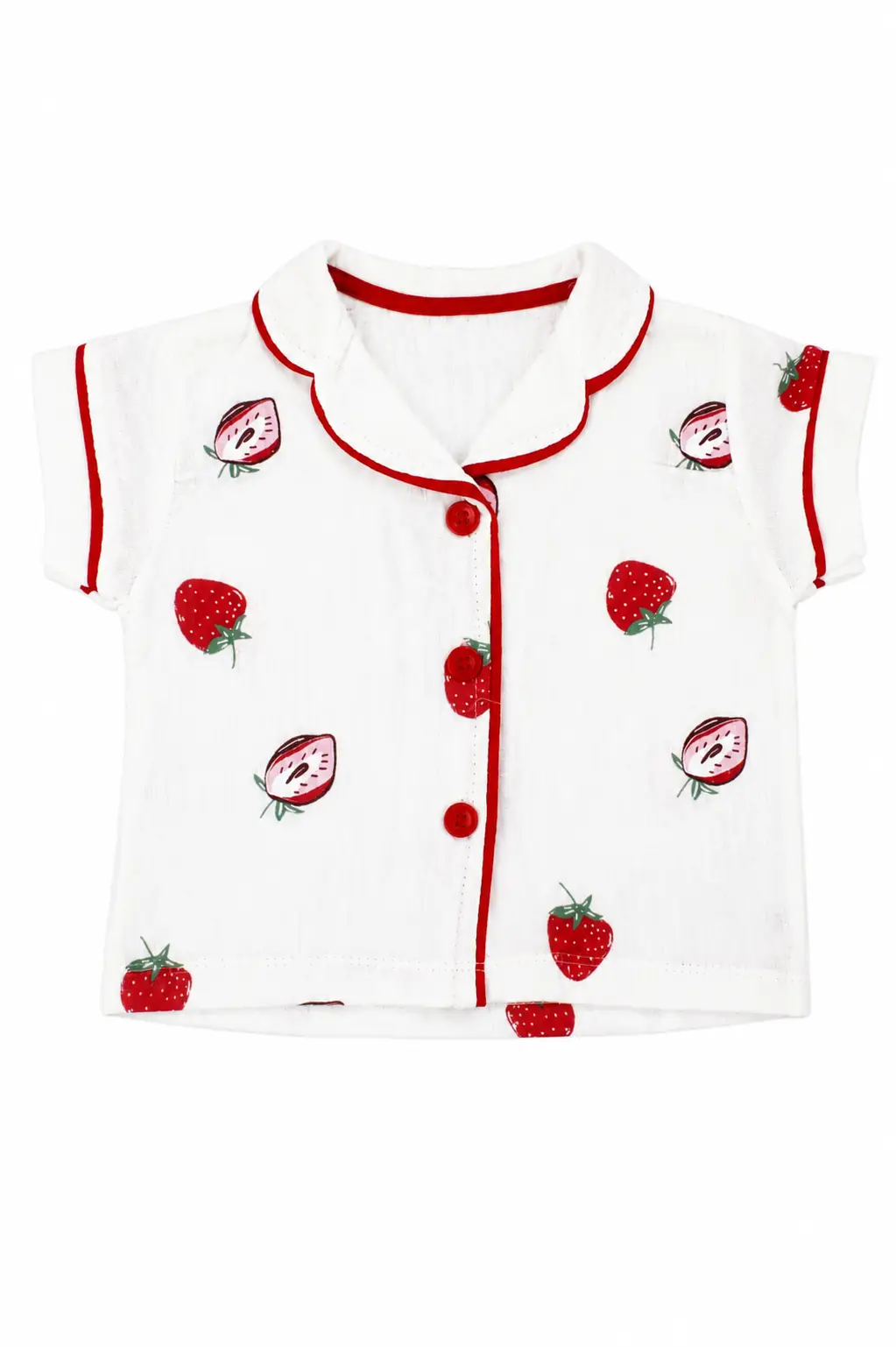 Kız Bebek Beyaz Kırmızı Çilek Baskılı Müslin Şortlu Pijama Takımı 3