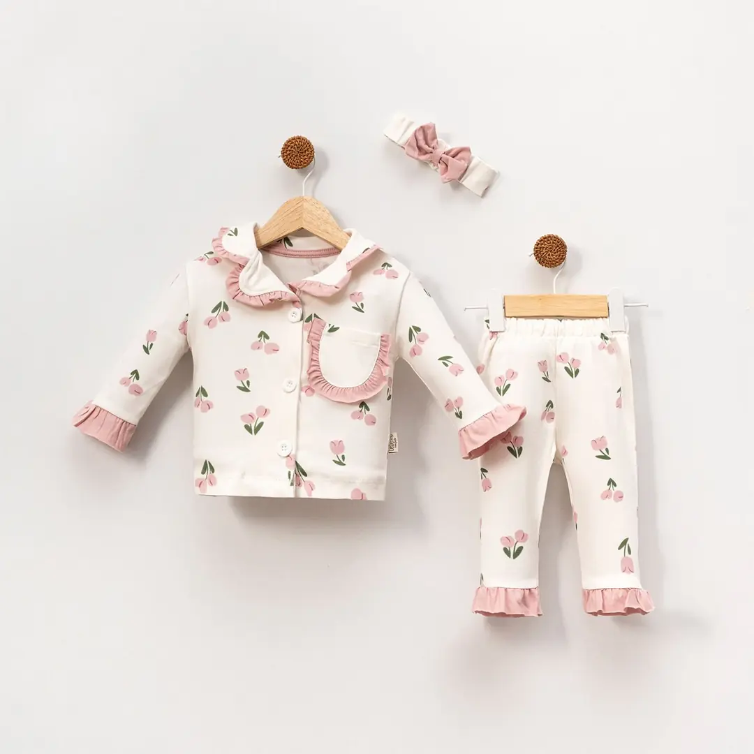 Kız Çocuk Ekru Pudra Lale Desenli Fırfırlı Bandanalı Pijama Takımı 1
