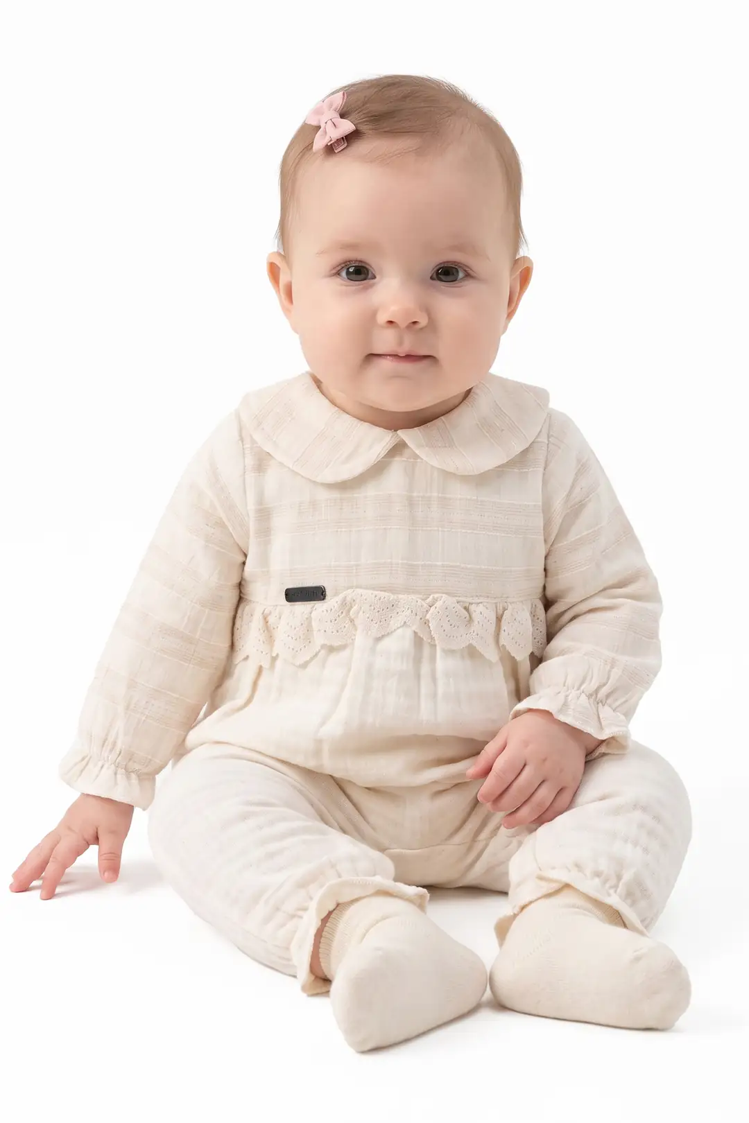 Kız Bebek Ekru Bebe Yakalı Dantelli Müslin Tulum 0-3 Ay