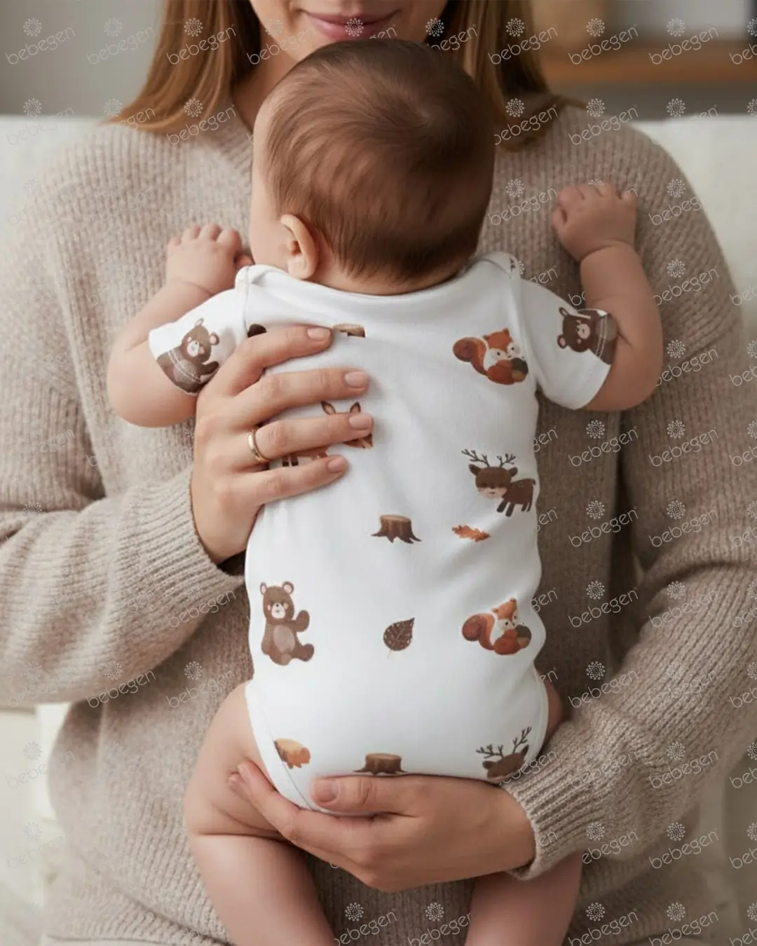 Unisex Ekru Kahve Ceylanlı Desenli Kısa Kol Body Zıbın 2