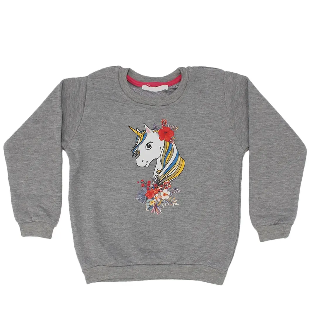 Kız Çocuk Gri Unicorn Desenli Tek Üst Sweat 1
