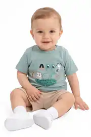 Erkek Bebek Yeşil Bej Happy Timsahlı Şortlu 2'li Takım 1