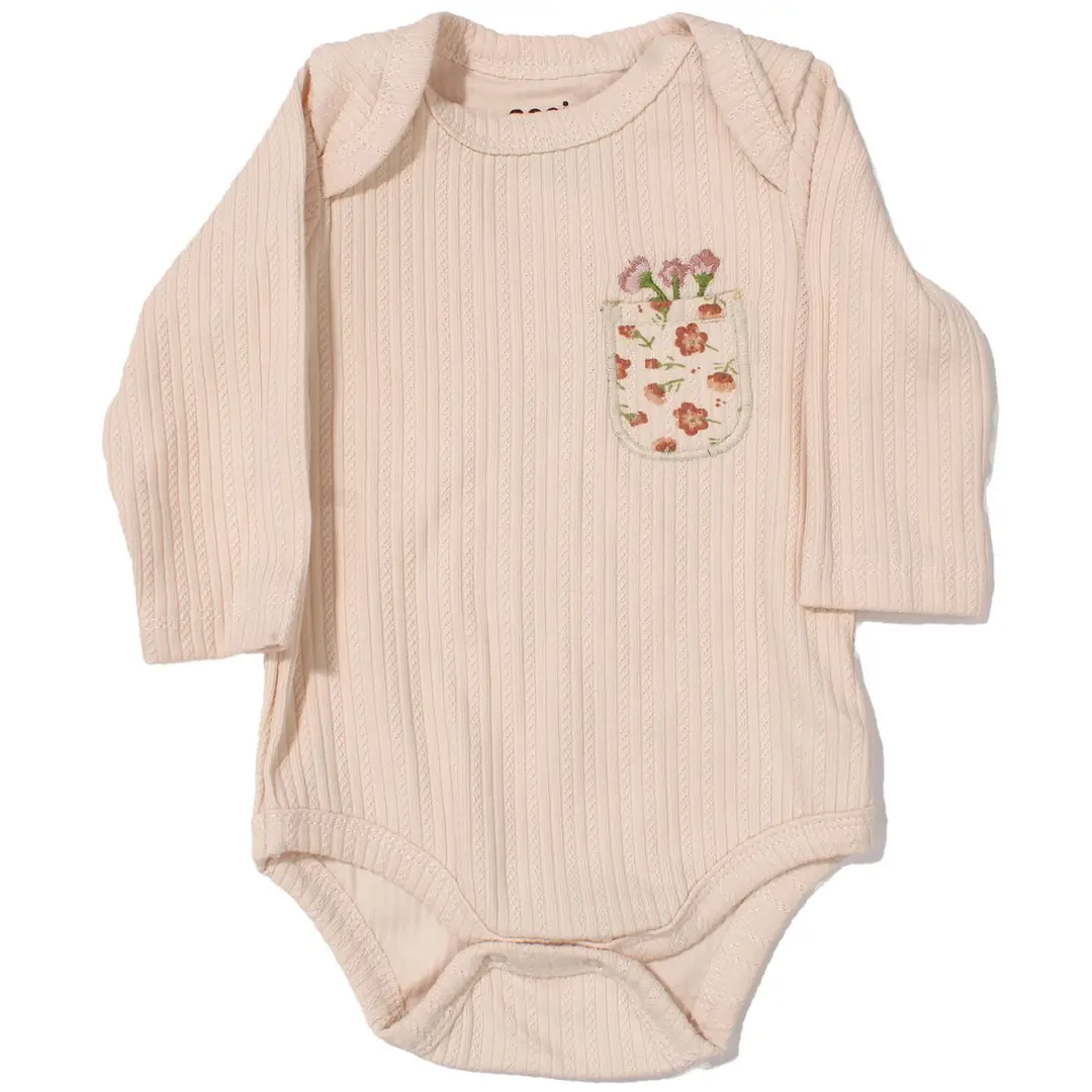 Kız Bebek Ekru Bej Pudra Çiçek Desenli 3'lü Zıbın Set 2