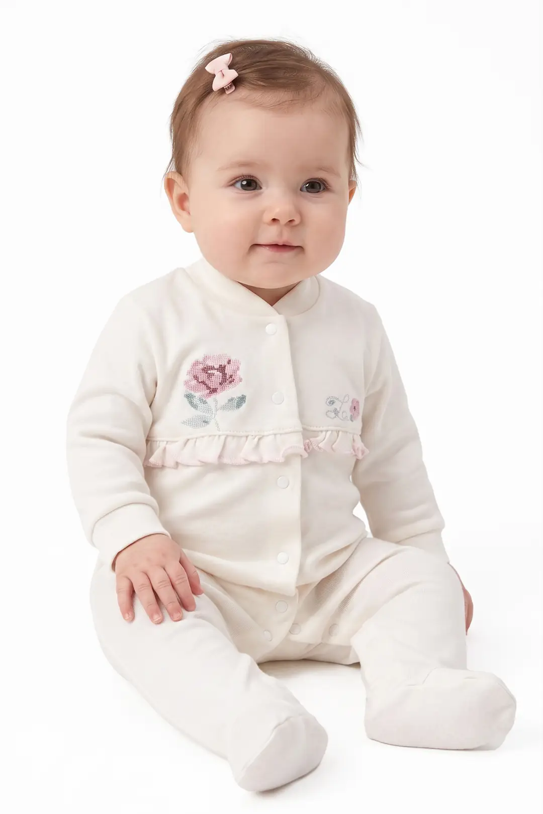 Kız Bebek Ekru Pembe Gül Nakışlı Kanaviçe Çıtçıtlı Patikli Tulum