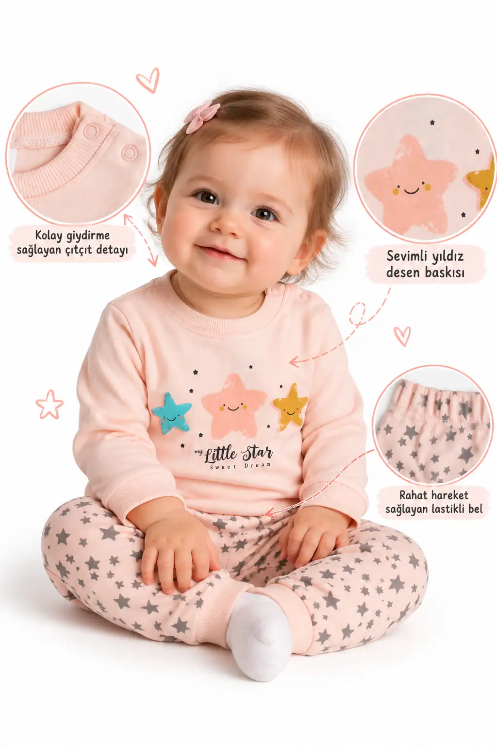 Kız Bebek Somon Yıldızlı Pijama Takımı