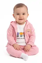 Kız Bebek Beyaz Pembe Lale Gökkuşağı Desenli Hırkalı 3'lü Takım 1