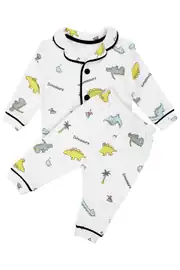 Unisex Ekru Renkli Dinazor Desenli Kruvaze Yaka Pijama Takımı 2