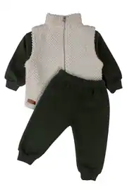 Erkek Bebek Haki Ekru Yelekli 3'lü Takım 1